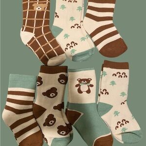 Kids Bear Pattern Cotton Socks - Brown & Mint (Set of 7)
